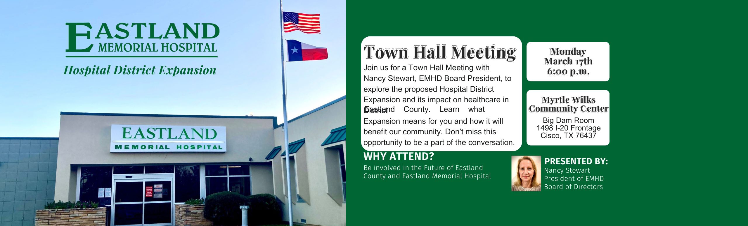 town hall meeting image of the front of hospital with logo