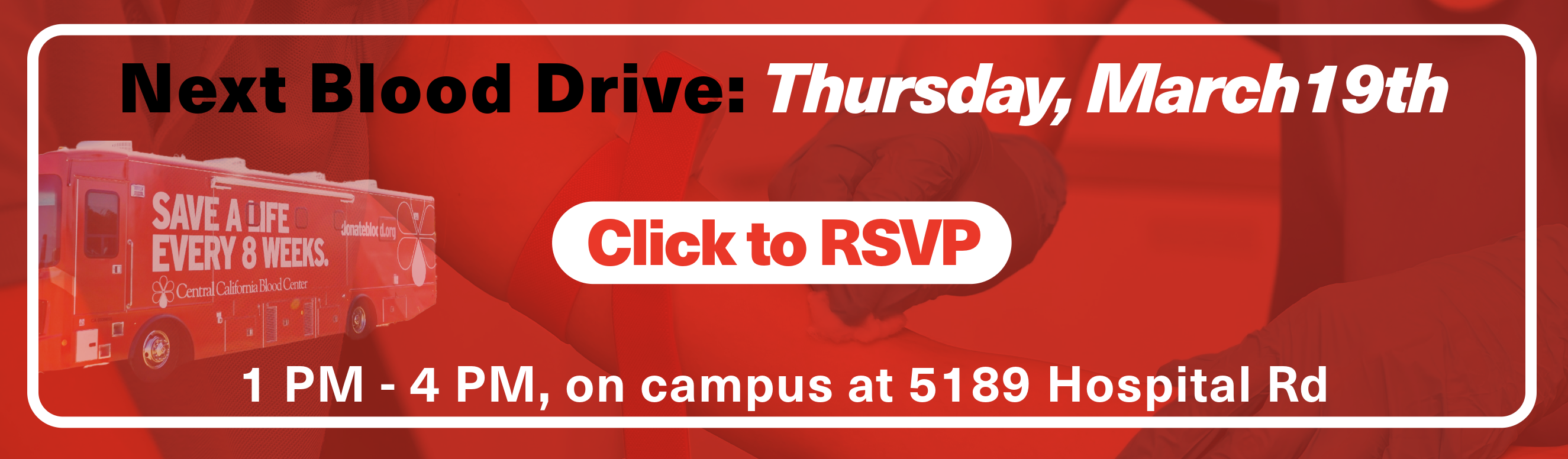 Next Mariposa Blood Drive!
Date: Thursday, March 19th
Time: 1:00 PM - 4:00 PM

Click to RSVP: https://signup.com/go/fTmVTbL