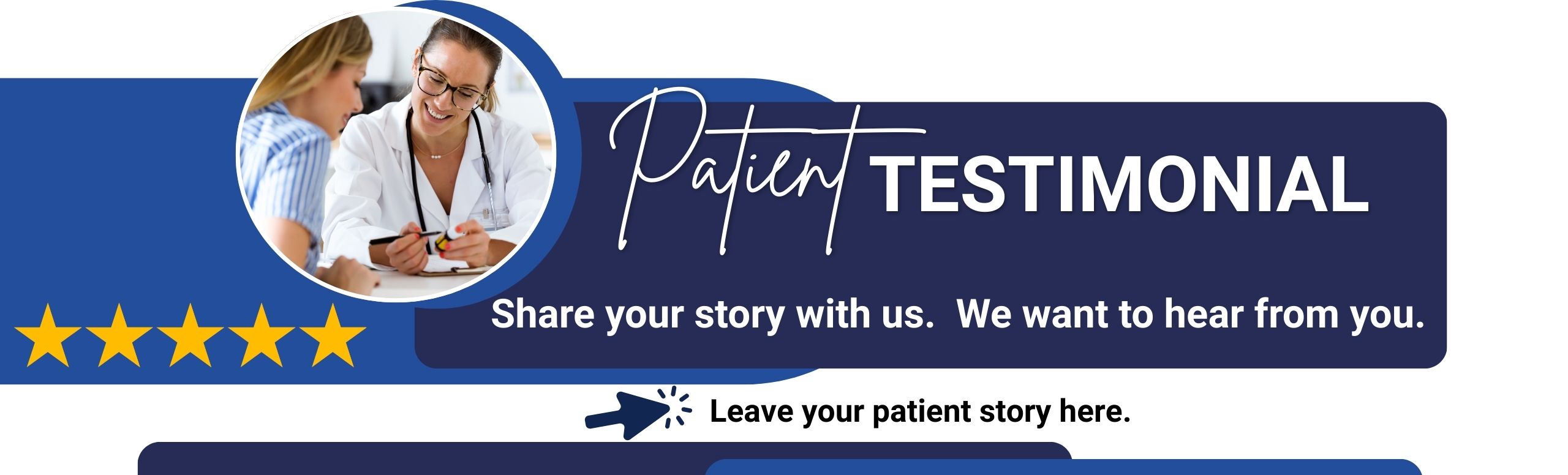 Patient survey, share your story with us 5 Stars and a female patient and provider image