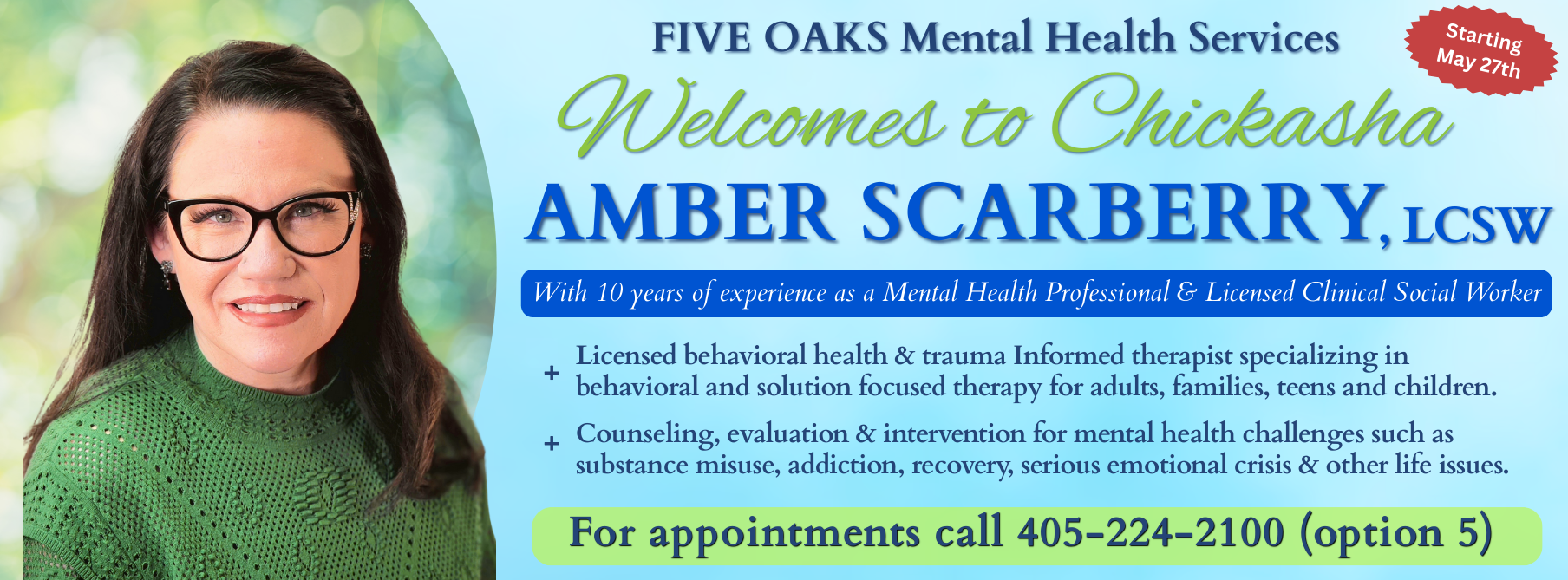 Announcing graphic image of female in green sweater for mental health services new team member Amber Scarberry, LCSW