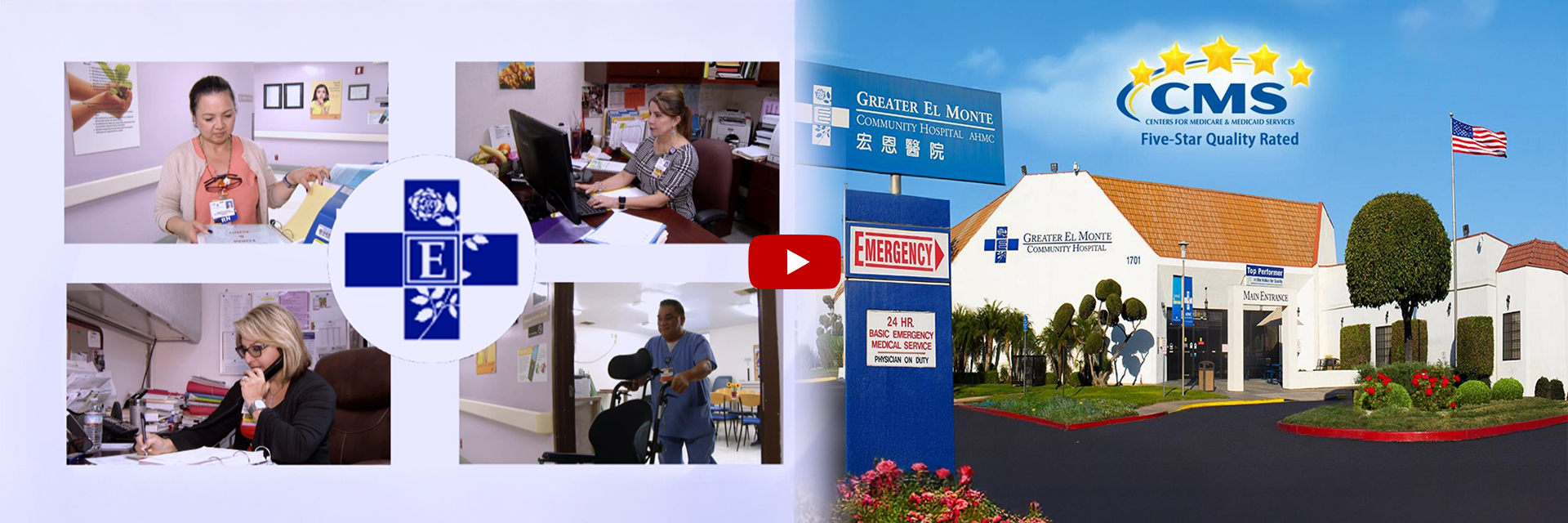 Photo of hospital building and staff.
