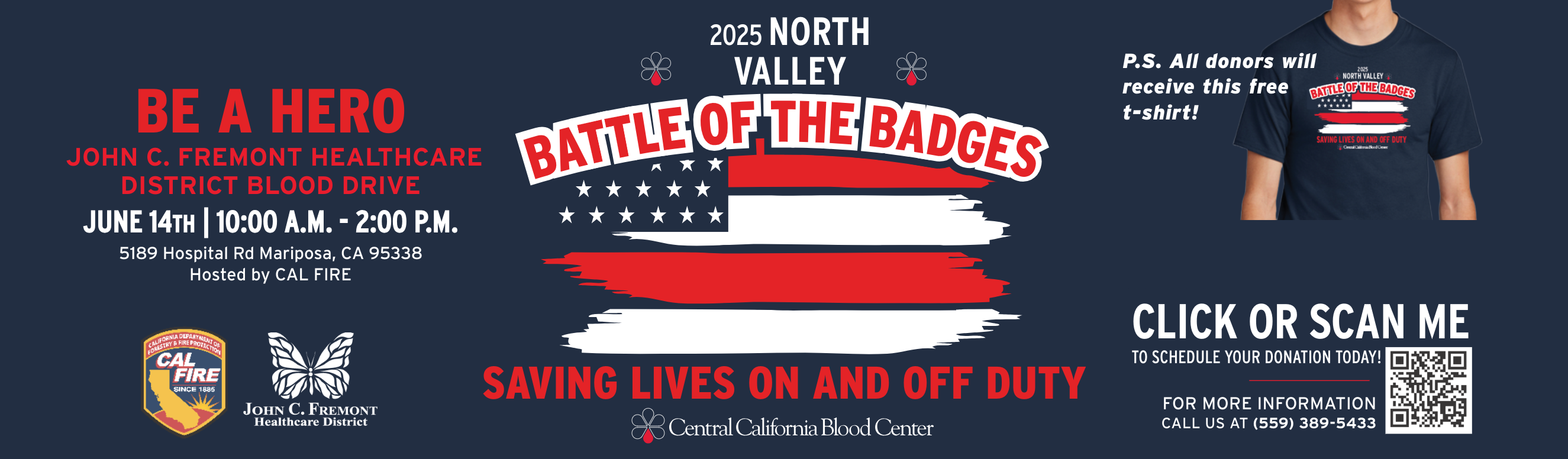 Our next Blood Drive is June 14th 10am-2pm. Co-Hosted with CalFire for the 2025 North Valley Battle of the Badges. Location for this drive will be at our JCF campus: 5189 Hospital Rd Mariposa, CA 95338 Click here to RSVP your donation time. All donors will receive a free Battle of the Badges t-shirt!