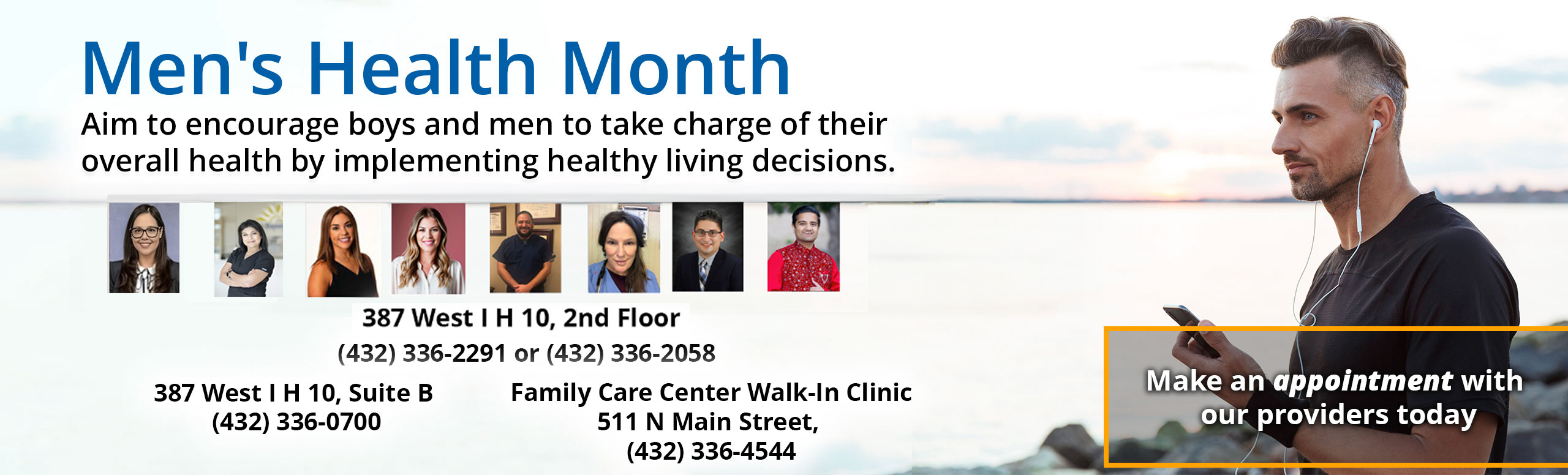 Men's Health Month

Aim to encourage boys and men to take charge of their overall health by implementing healthy living decisions. 

Make an appointment with our providers today.