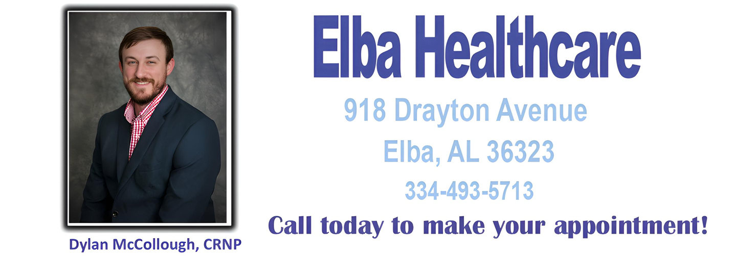 Dylan McCollough, CRNP at Elba Healthcare. Call today to make your appointment. 334-493-5713
