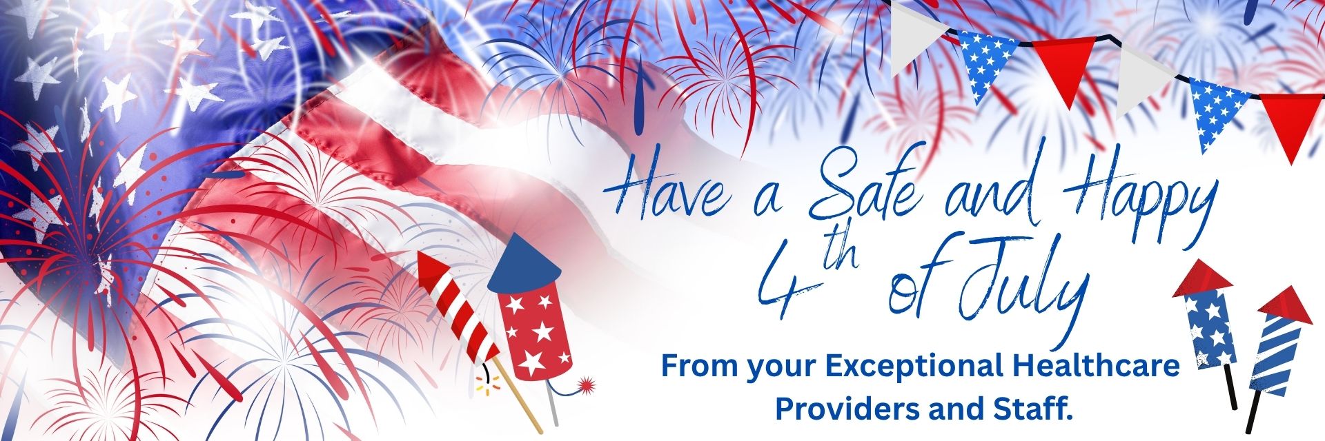 have a safe and happy 4th of July, American flag and fireworks