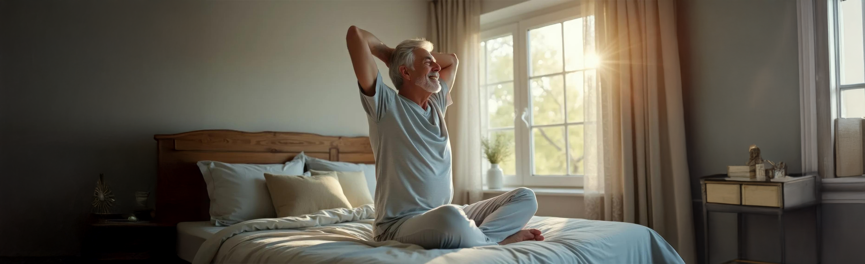 Senior man sitting on bed after waking rested to a sunny day