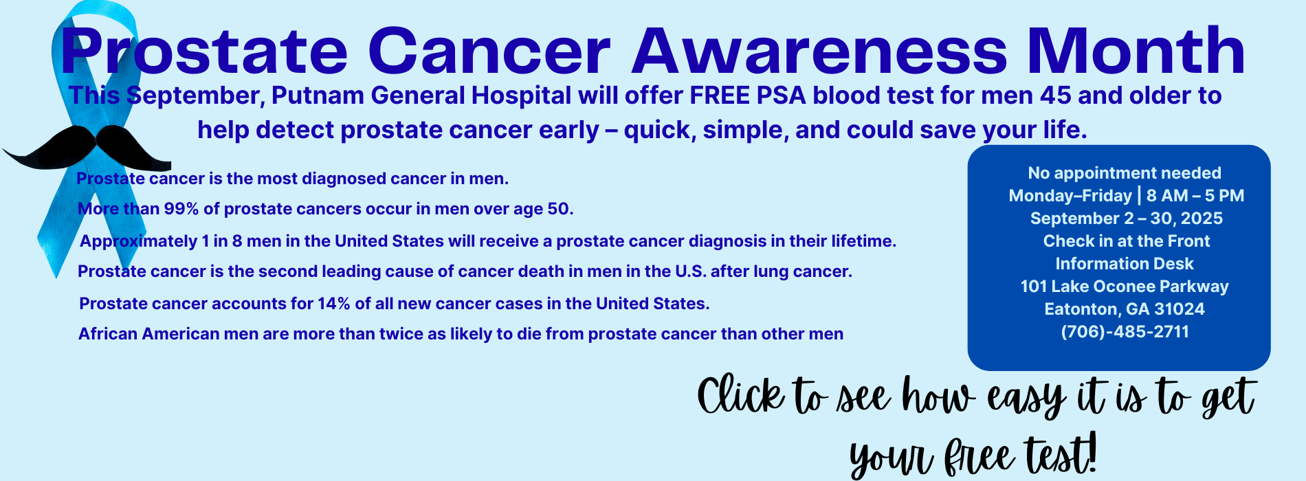 Free PSA Blood test in September at PGH. PSA test for prostate cancer. Early detection saves lives.
