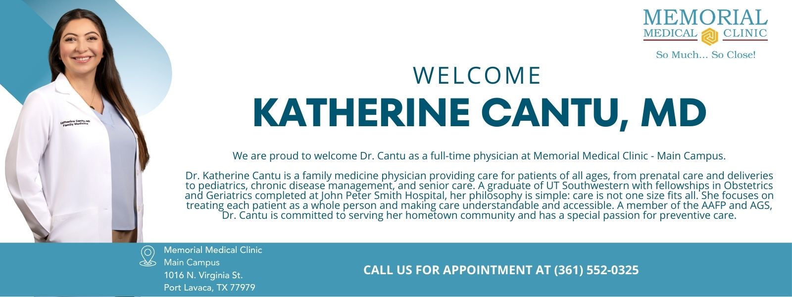 welcome Dr cantu. Call us for appointment at 361-552-0325