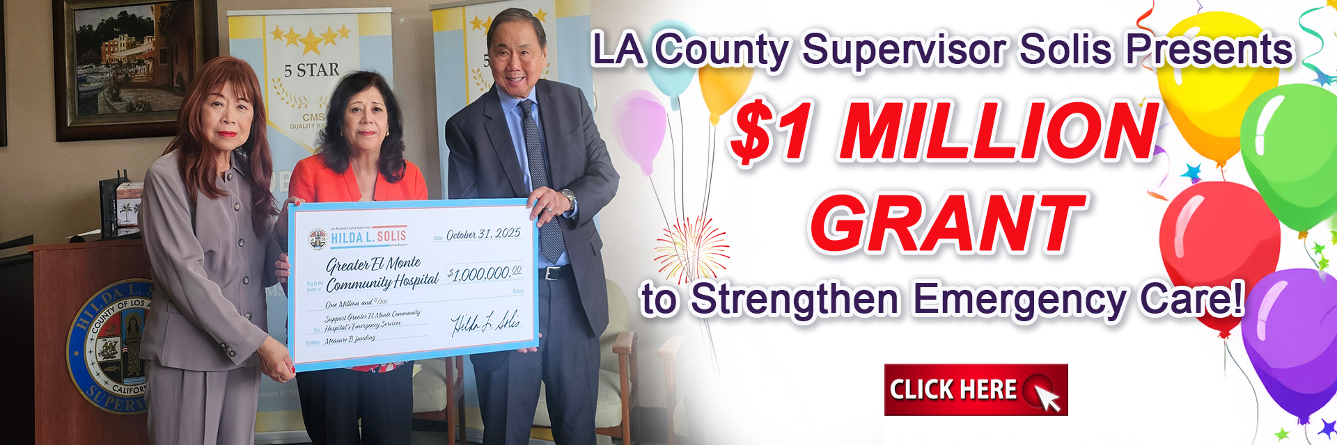 PHOTO OF LINDA MARSH AND STANLEY TOY RECEIVING CHECK FROM HILDA SOLIS.