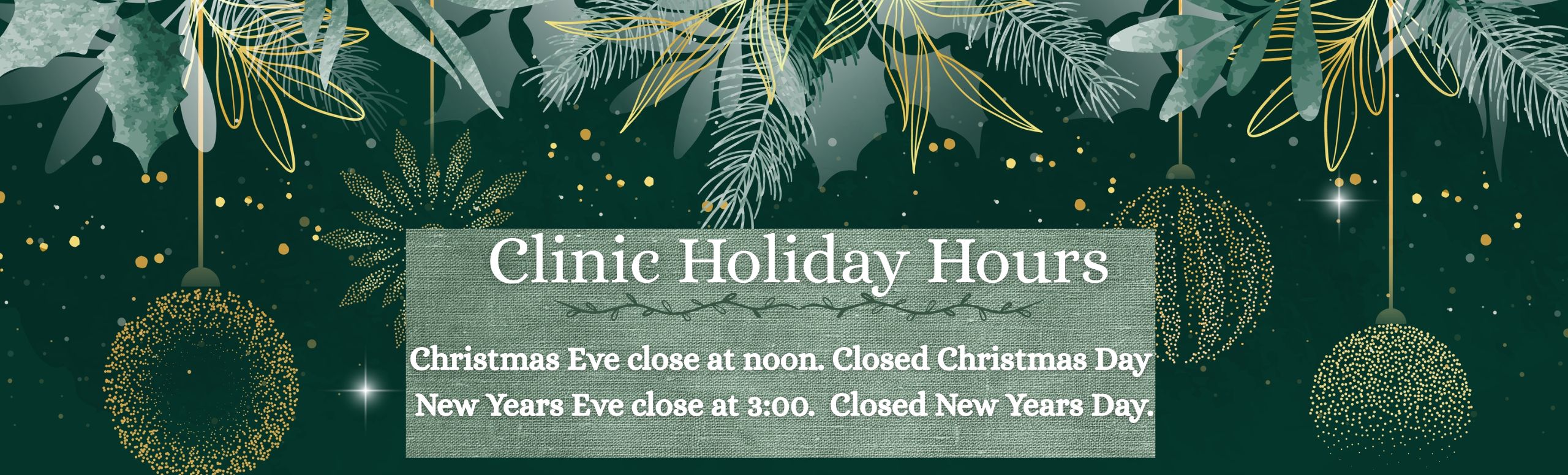 clinic holiday hours ornaments and green pine