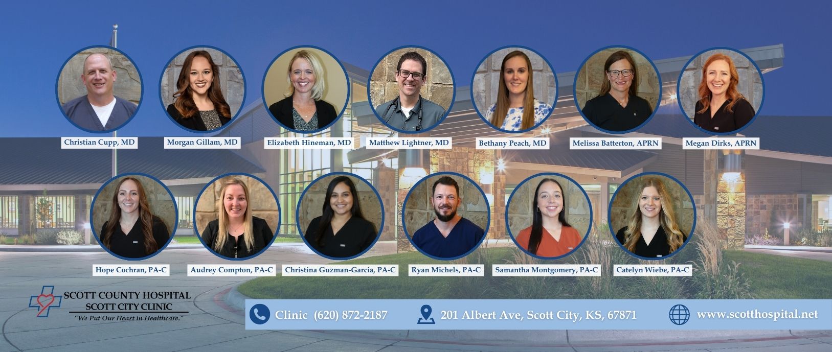 Current Photo Collage of all providers at Scott County Hospital and Scott City Clinic.  Five physicians and nine mid level providers.