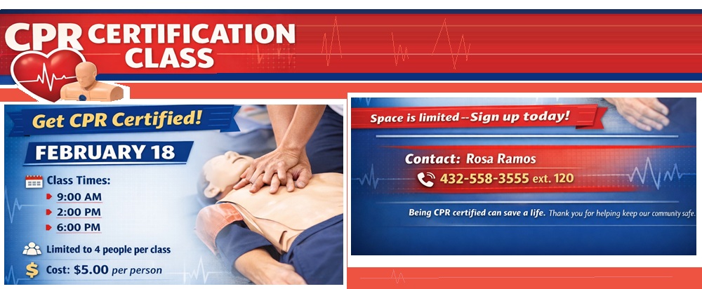 CPR Certification Class

February 18, 2026
Class Times:
9AM
2PM
6PM

Limited to 4 people per class
Cost: $5.00 per person

Space is Limited - Sign up today!

Contact: Rosa Ramos
432 558 3555 ext 120

Being CPR certified can save a life. Thank you for helping keep our community safe.