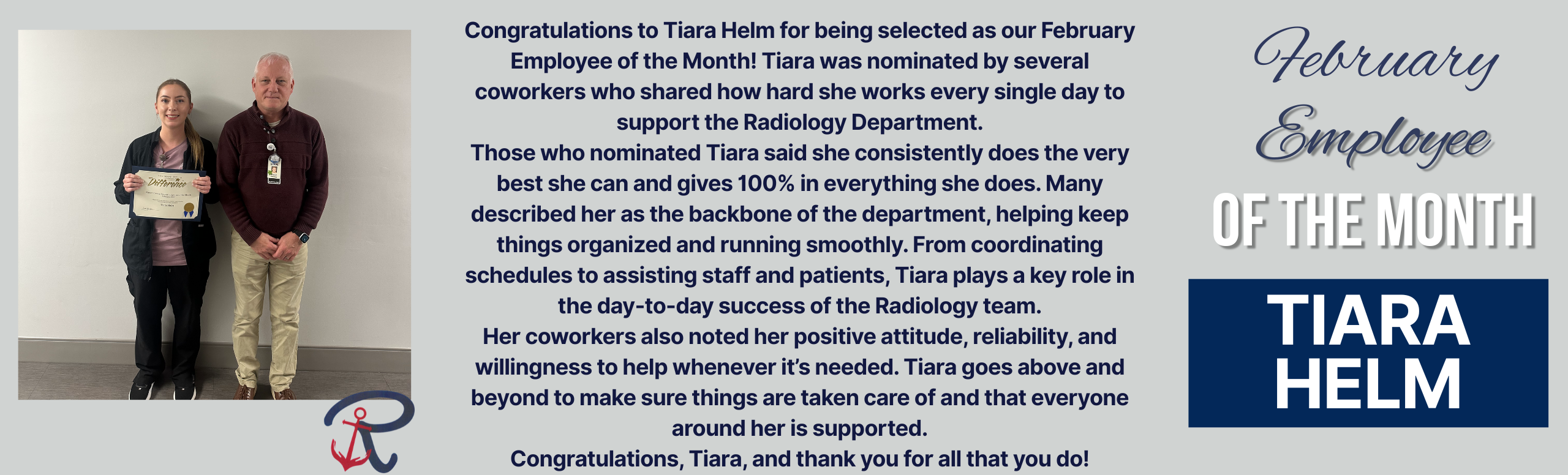 Employee of the Month. Tiara Helm.