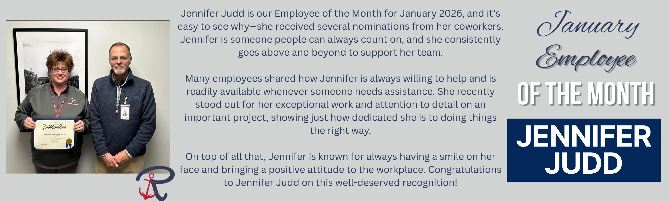Employee of the Month January 2026. Jennifer Judd