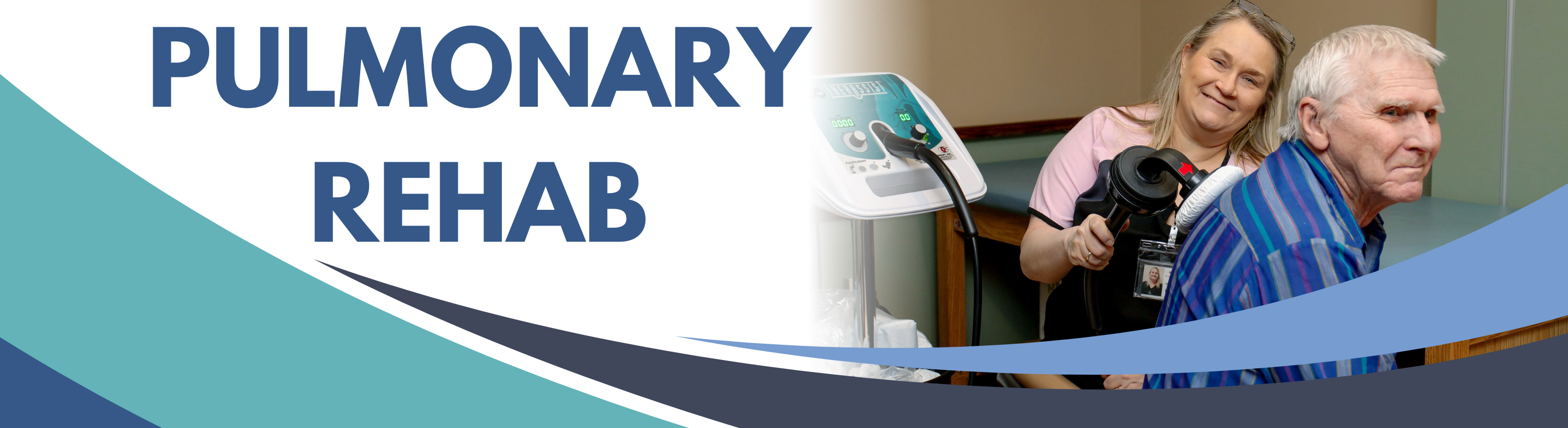 Pulmonary Rehab. Photo of nurse using a machine to provide percussion therapy on a patient's back.