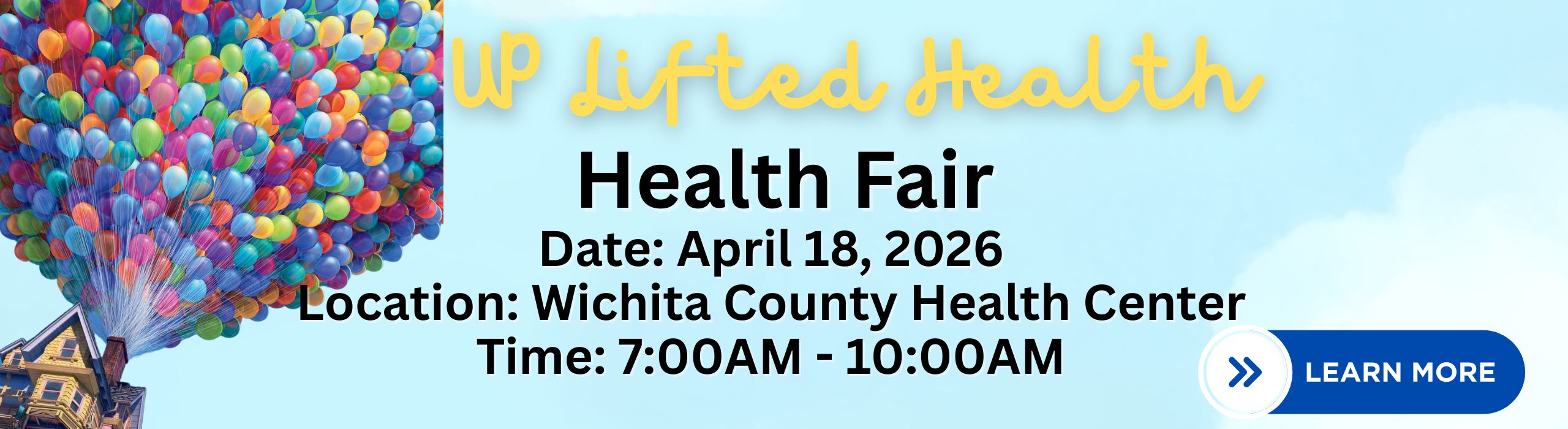 Up health Fair 2025 house with bundle of balloons