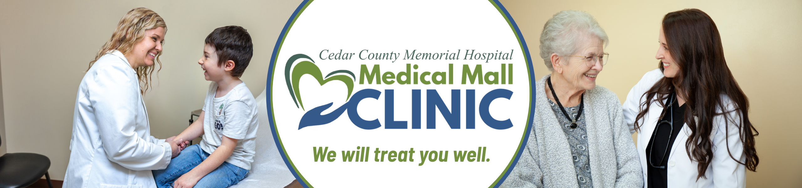 photo of nurse with child and photo of nurse with elderly woman, "Monday-Friday, 8-5, Cedar County Memorial Hospital Medical Mall Clinic, We will treat you well."