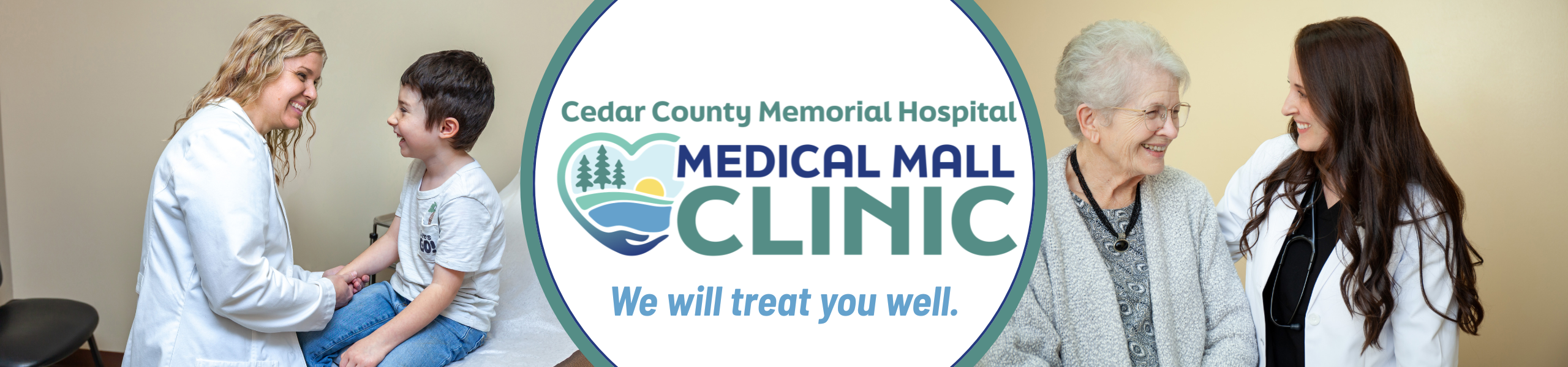 photo of nurse with child and photo of nurse with elderly woman, "Monday-Friday, 8-5, Cedar County Memorial Hospital Medical Mall Clinic, We will treat you well."