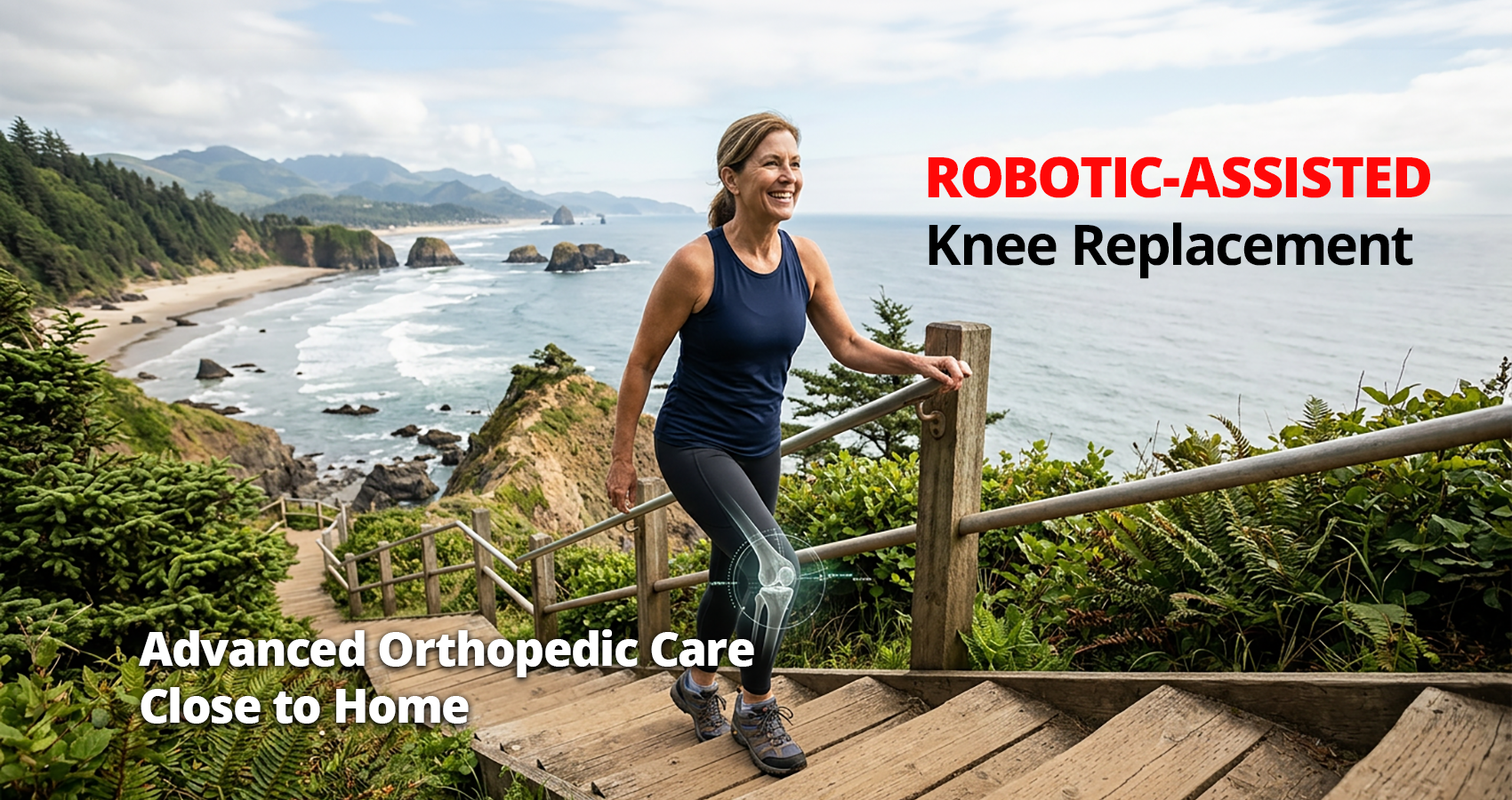 woman with knee replacement walking confidently up stairs along the Oregon coast.
