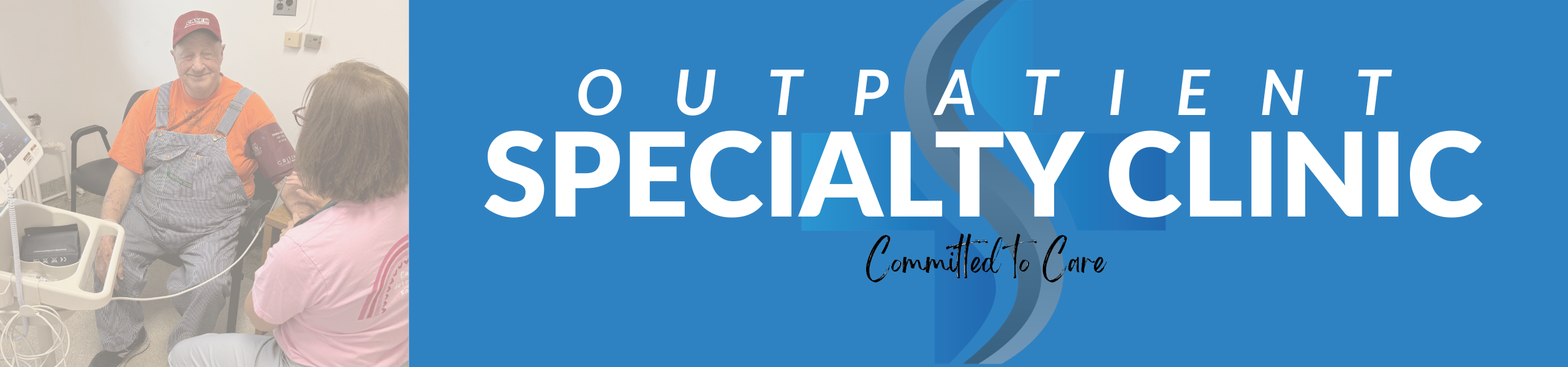 Outpatient specialty clinic committed to care with a nurse taking an older man's blood pressure