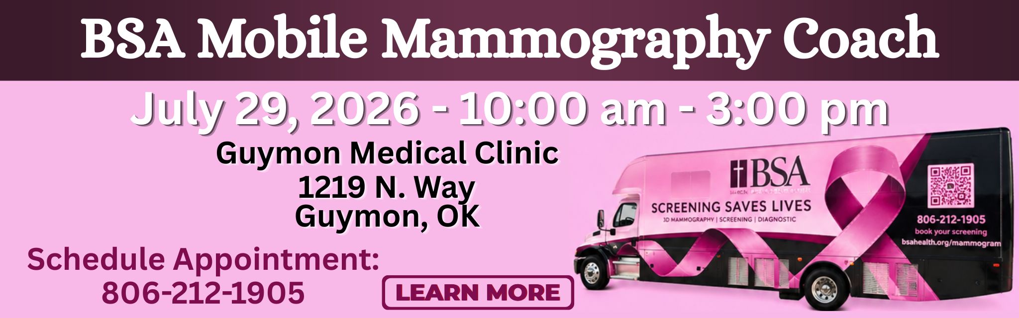 BSA mobile Mammography Coach July 29, 2026 10 am - 3 pm qr code on image of bus