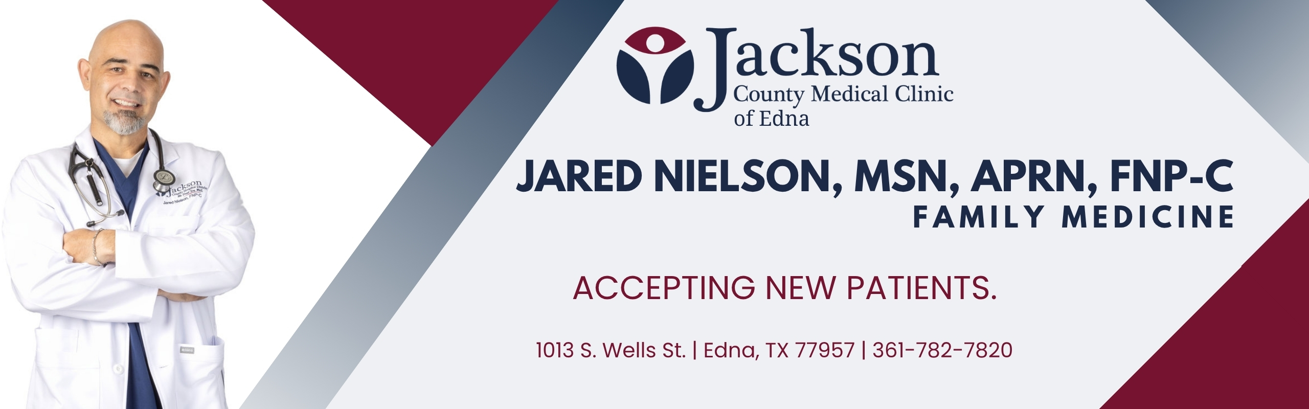 Use for slideshows Image of Jared Nielson, nurse practitioner, in advertisement about his availability to accept new patients