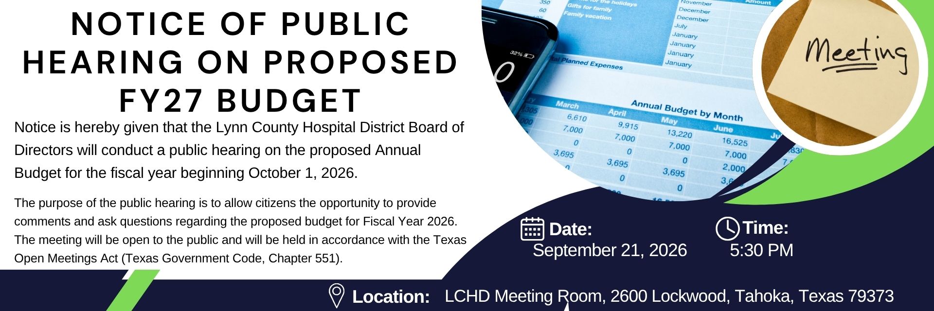 NOTICE OF PUBLIC HEARING ON PROPOSED FY27 BUDGET
Date: September 21, 2026
Time: 5:30 p.m.
