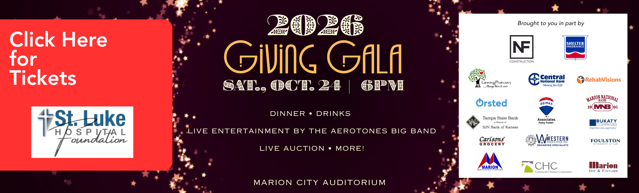 2026 Giving Gala, Saturday, Oct. 24, 6 p.m. at the Marion City Auditorium
Dinner, Drinks, Live Entertainment by The Aerotones Big Band, Live Auction, and more! Click here to purchase tickets