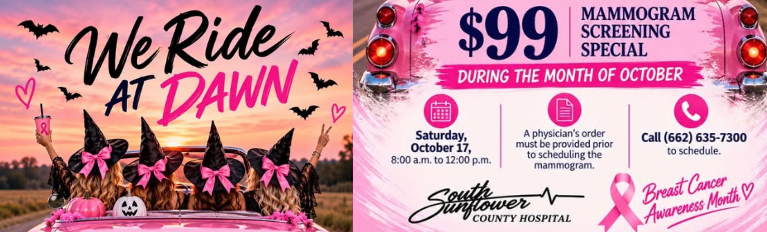 We ride at dawn pink car with 4 witches, $99 mammograms Saturday October 17th