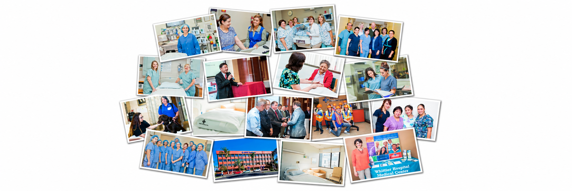 Photo collage featuring AHMC Healthcare staff, patient care, hospital facilities, and community activities.