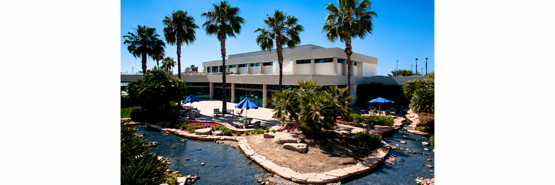 Anaheim Regional Medical Center courtyard with palm trees and a pond.